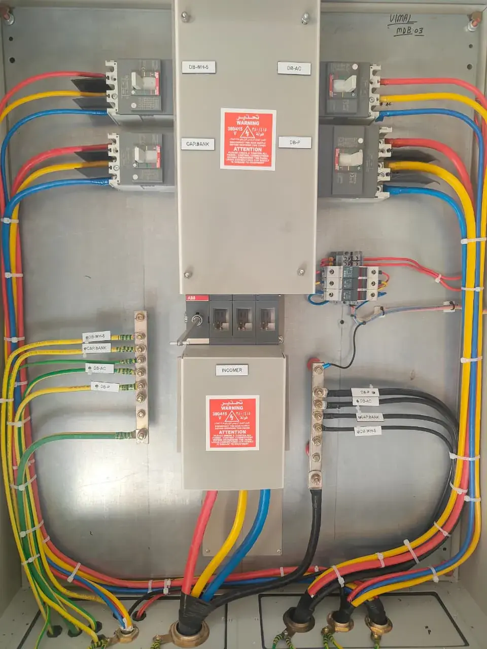 Main switchboard with colour-coded incoming cables and labelled isolators
